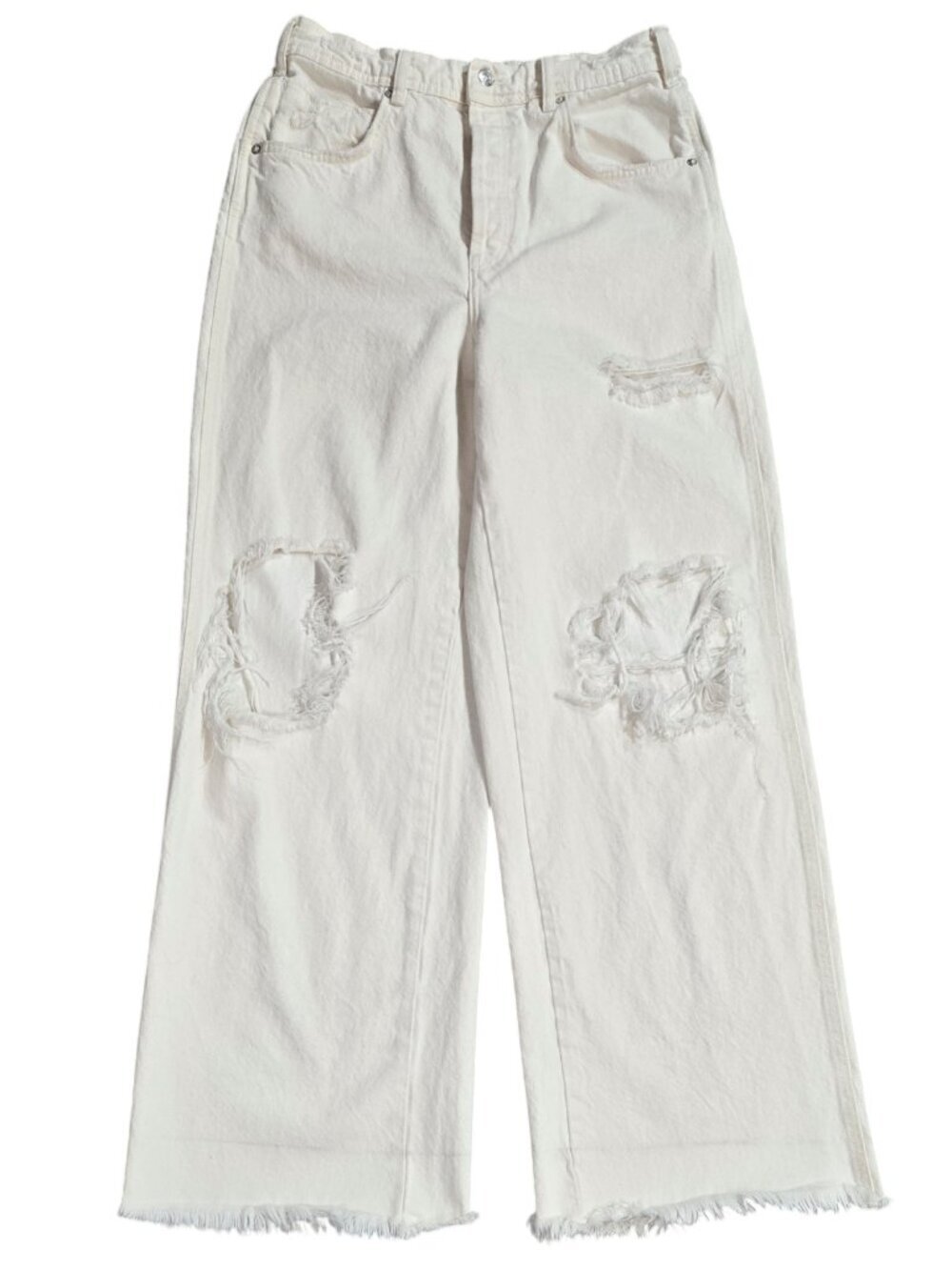 We The Free 100% Cotton White Distressed Wide Leg Jeans Button Fly Free People